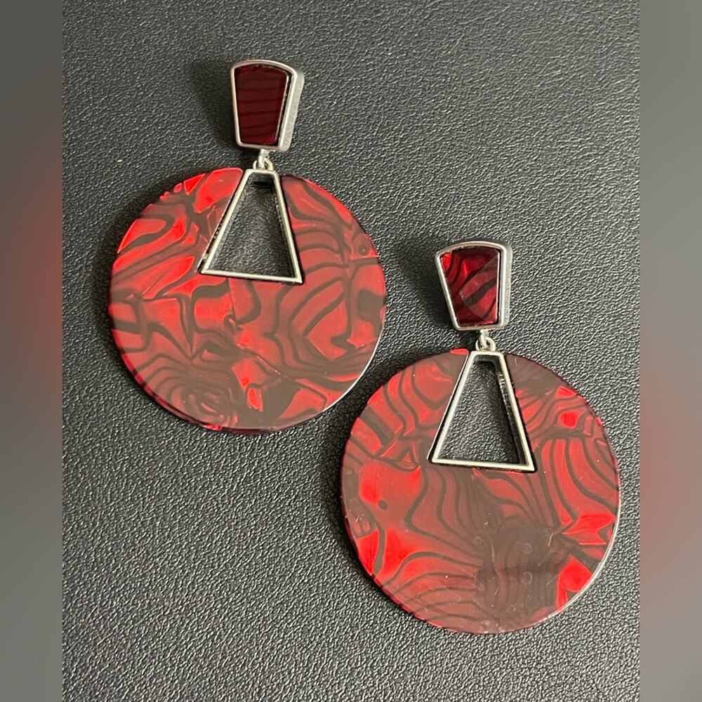 Pair Acrylic & Silver Tone Geometric Post Earrings, Red‎ & Black Swirl